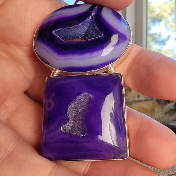 Purple Agate Geode Pendant Sterling Silver, Handmade Boho Crystal Jewelry - Picture 6 of 10